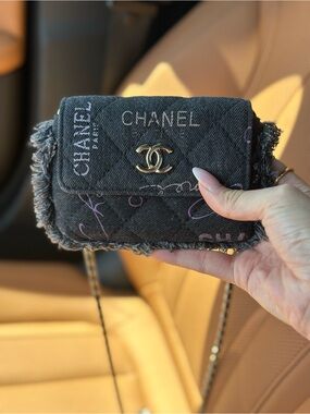 Auth CHANEL Mini Black Denim Fringe Printed Crossbody Bag Handbag a79
